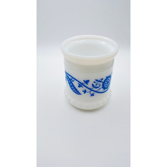 Vintage Milk Glass Blue Floral Toothbrush Holder Vanity Jar Scalloped Base - Picture 4 of 8